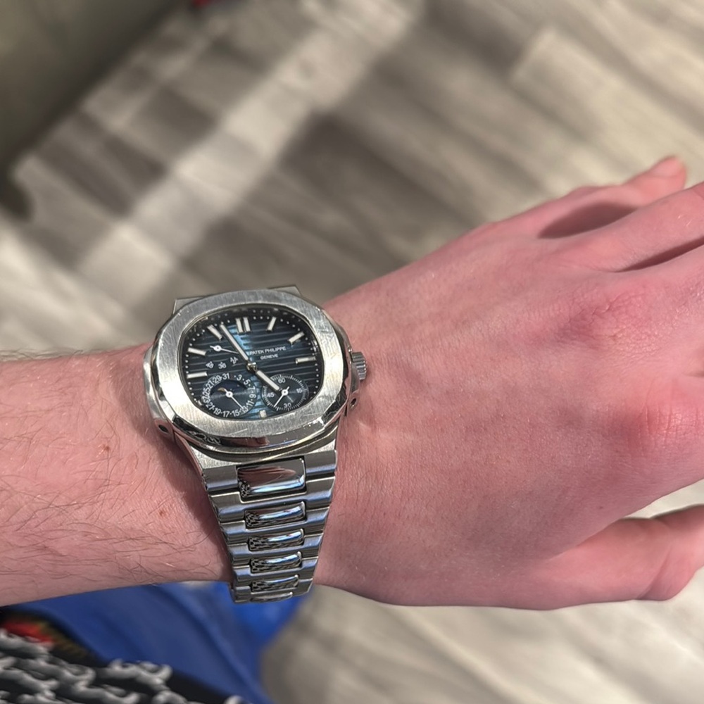 Silver Stainless Steel Watch with Moon Phase Dial